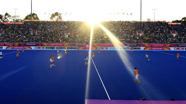 GOLD COAST, AUSTRALIA - APRIL 13: A general view of the stadium is seen as the sun sets in the match between Scotland and Malaysia during Hockey on day nine of the Gold Coast 2018 Commonwealth Games at Gold Coast Hockey Centre on April 13, 2018 on the Gold Coast, Australia. (Photo by Bradley Kanaris/Getty Images)