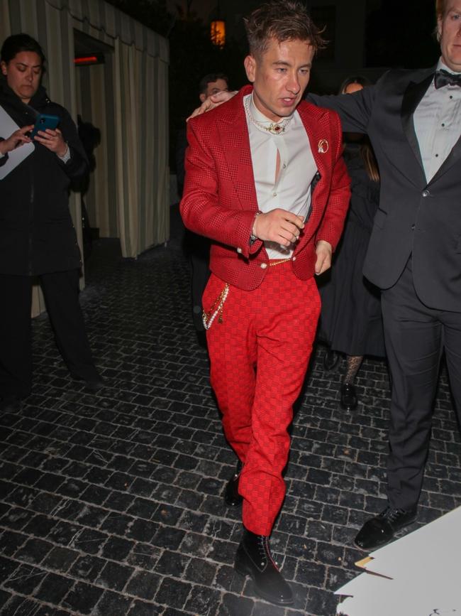 Saltburn star Barry Keoghan turned heads with his striking red suit. Picture: Hedo/Backgrid