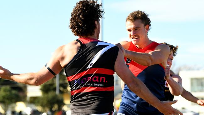 Players wrestle during the round nine 2023 Victorian Amateur Football Association William Buck Premier MenÃs match between Old Brighton and Old Xaverians at Brighton Beach Oval in Brighton, Victoria on June 17, 2023. (Photo by Josh Chadwick)