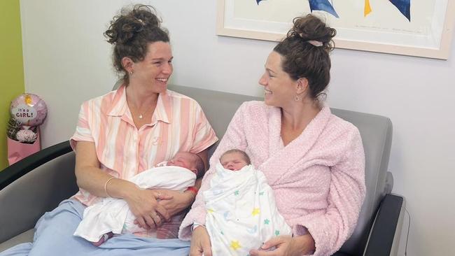 Identical twin mums Nicole and Renee never expected to have their babies born on the same day. Picture – contributed.