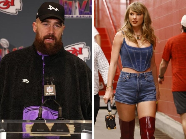 Travis Kelce speaking to the press and Taylor Swift arriving at a Chiefs game. Photos: Getty Images