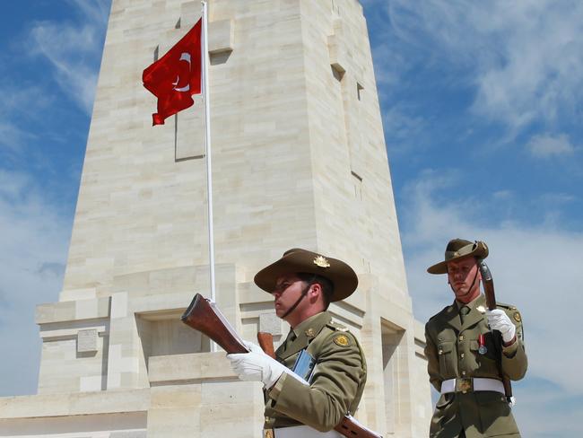 The Last Post was accompanied by the raising of the Turkish and Australian flags. Picture: Ella Pellegrini.