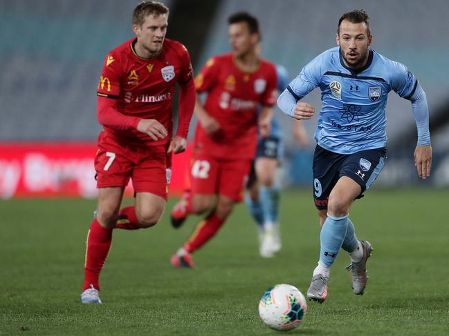 SYDNEY, AUSTRALIA - AUGUST 06: Adam Le Fondre of Sydney FC controls the ball during the round 27 A-League match between Adelaide United and Sydney FC at ANZ Stadium on August 06, 2020 in Sydney, Australia. (Photo by Mark Metcalfe/Getty Images)