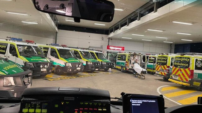 The view from inside an ambulance ramped at Flinders Medical Centre in September 2021, showing ambulances waiting to discharge their patients. Picture: Ambulance Employees Association