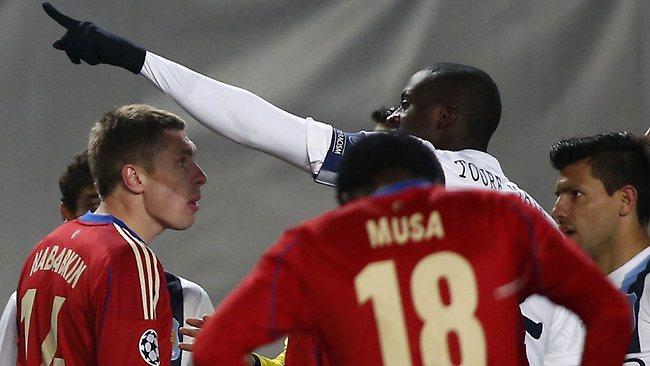 Manchester City's Yaya Toure pointing towards as he remonstrates with referee Ovidiu Hategan at Arena Khimki stadium outside Moscow.