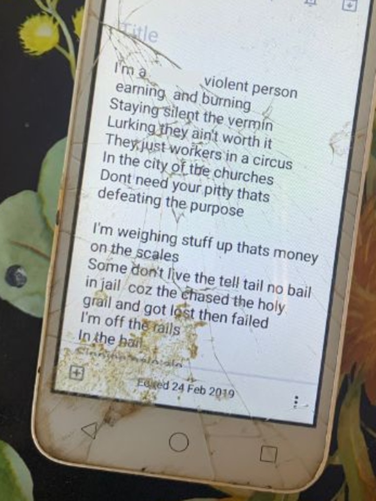 The phone also contained a number of notes with references to violence. Picture: Emily Olle