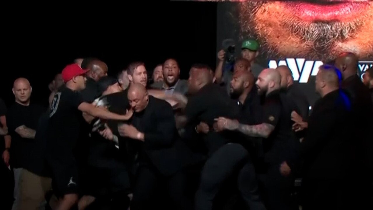 Man hospitalised after wild press conference brawl ahead of Jake Paul’s bout with UFC icon Diaz