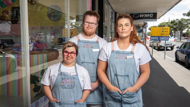 Baked by Us owner Jess Robinson with staff members Steph Cook and Andy Bugg in 2022. Picture: Brad Fleet