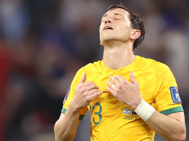 DOHA, QATAR - DECEMBER 03: Craig Goodwin of Australia reacts after the 1-2 loss during the FIFA World Cup Qatar 2022 Round of 16 match between Argentina and Australia at Ahmad Bin Ali Stadium on December 03, 2022 in Doha, Qatar. (Photo by Robert Cianflone/Getty Images for Football Australia)