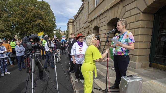 Kellie-Jay Keen and Hobart City councillor Louise Elliot outside the Tasmanian Parliament during March’s Let Women Speak rally. Picture: Chris Kidd