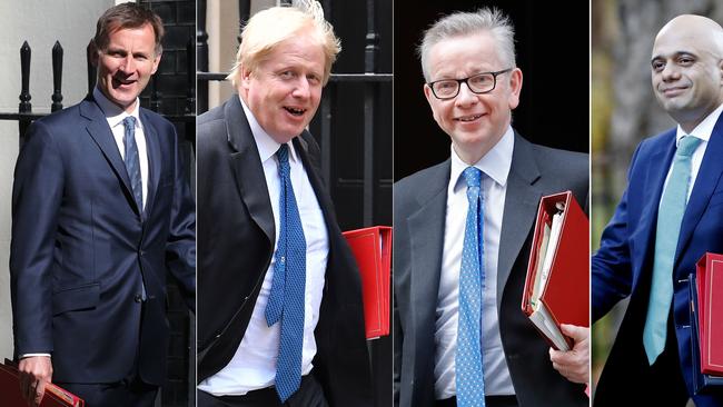 A combination of pictures created in London on June 19, 2019 shows the remaining four contenders in the contest for leader of the Conservative party: (top L-R) Britain's Environment, Food and Rural Affairs Secretary Michael Gove, former foreign secretary Boris Johnson, (bottom L-R) Britain's Home Secretary Sajid Javid and Britain's Foreign Secretary Jeremy Hunt. - Rory Stewart was knocked out of the race to become Britain's next prime minister on June 19, leaving four candidates led by former foreign secretary Boris Johnson. (Photo by STF / AFP)