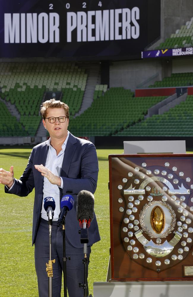 Rodski at a recent press conference where the JJ Giltinan Shield was presented to the Melbourne Storm for the sixth time. Picture: Darrian Traynor/Getty Images