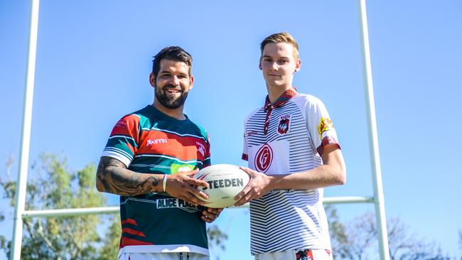 Matt, in his Central Bulls uniform with Wests' Reece Hohn. The two teams battled it out in the 2018 CARFL grand final. Picture: Anthony Geppa