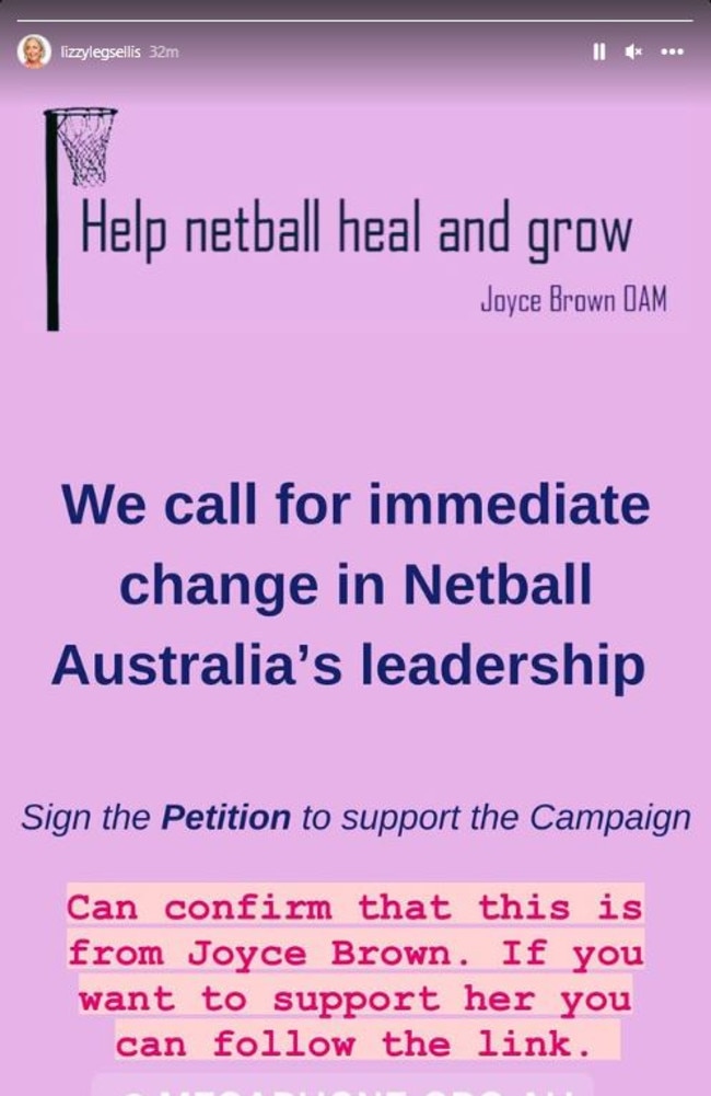 Former Diamonds captain Liz Ellis confirmed the petition had come from Joyce Brown in an Instagram post.