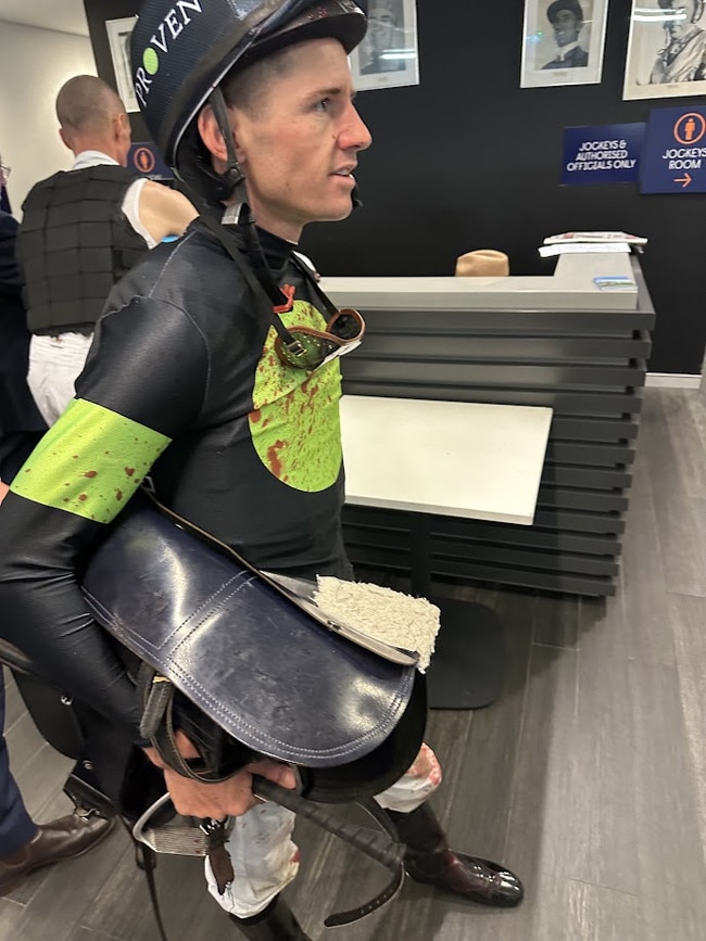 Jockey Jason Collett comes back to scale after he was dislodged on Think About It, who bled, in the Sydney Stakes at Royal Randwick. Picture: Jett Hatton