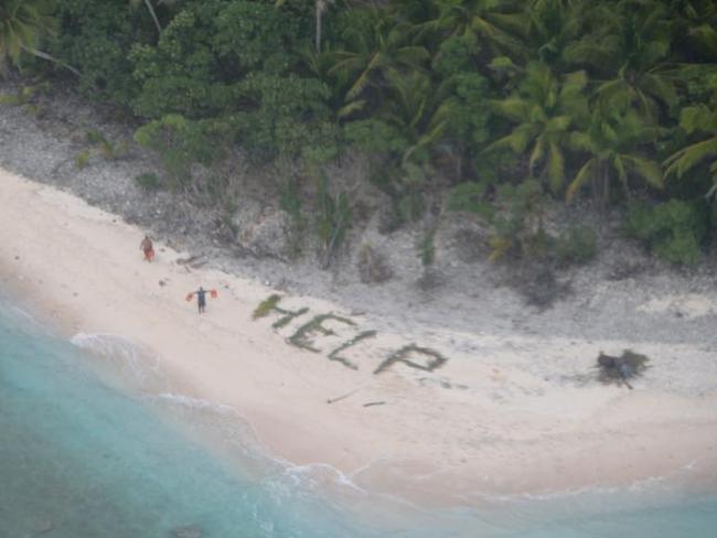 Three castaways on a Pacific island were saved after spelling out “Help” with palm tree branches back in April.