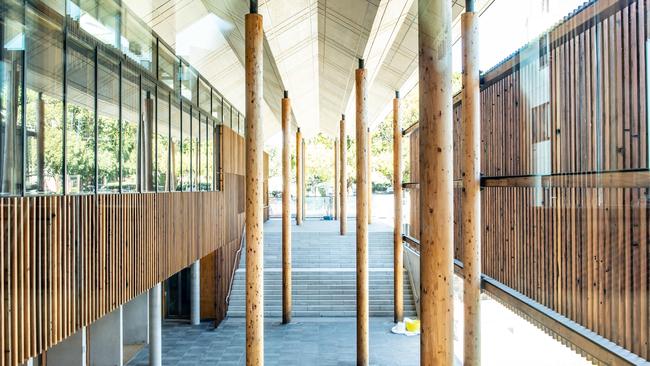 The timber columns inside the revamped library. (AAP IMAGE MONIQUE HARMER)