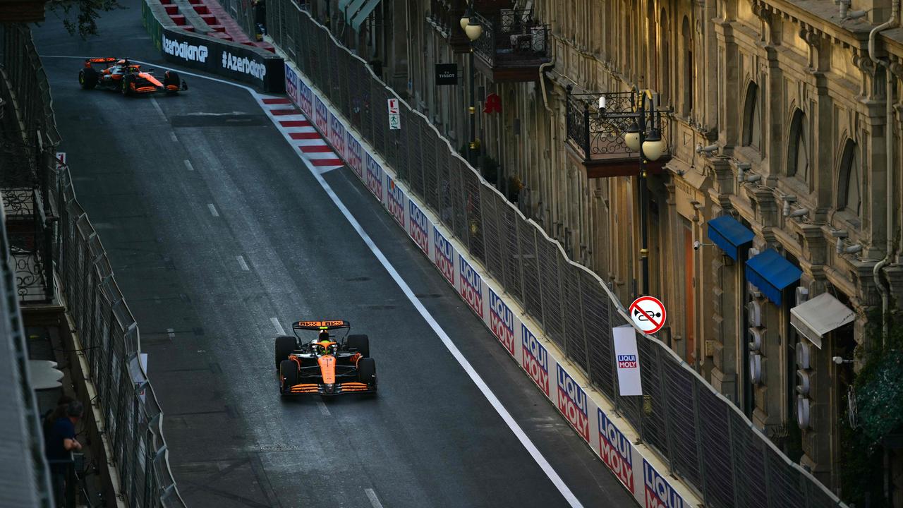 McLaren's British driver Lando Norris steers his car during the second practice session ahead of the Formula One Azerbaijan Grand Prix at the Baku City Circuit in Baku on September 13, 2024. (Photo by Andrej ISAKOVIC / AFP)