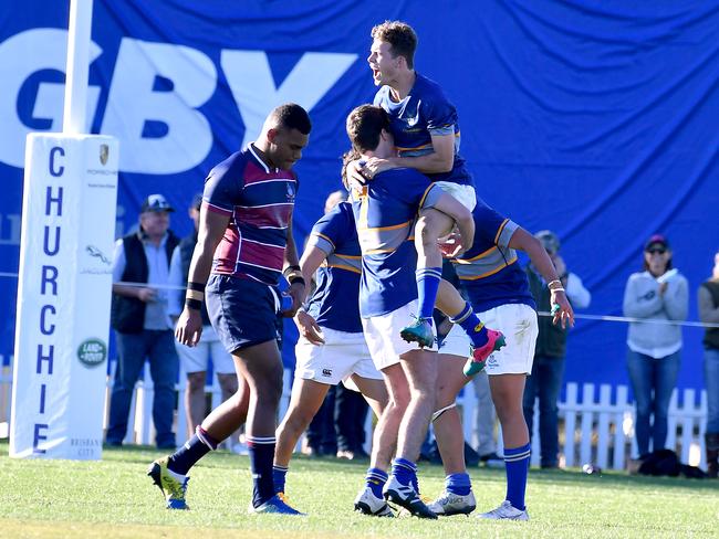 Churchie players celebrate a the win over TSS.First XV rugby union between home team Churchie and TSS.Saturday July 24, 2021. Picture, John Gass