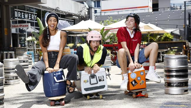 Mazzy Fernandez, Joel Ridzuan and Cam Colvin get some practice in ahead of the weekend’s BrookieFest Esky race.Picture: Richard Dobson