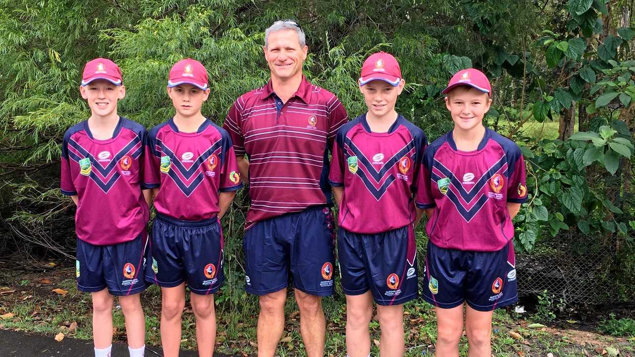 STATE REPS: Playing key roles in the Queensland under-12 boys' touch football team's successes at the national championships are (from left) Bailey Deakin, Sam Sheppard, coach Al Aston, Mitch Dabin and Kaden Willmot. Picture: Contributed