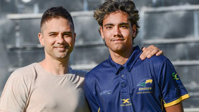 Port Adelaide great Peter Burgoyne and his son Jase Burgoyne, who is a top AFL draft prospect this year. Picture: Brenton. Edwards