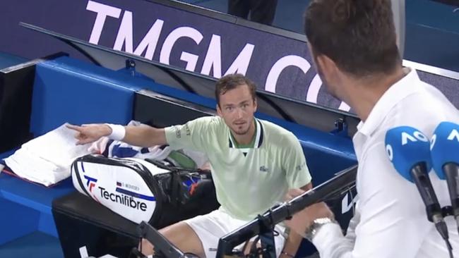 Daniil Medvedev called umpire Jaume Campistol a ‘small cat’. Picture: Foxports