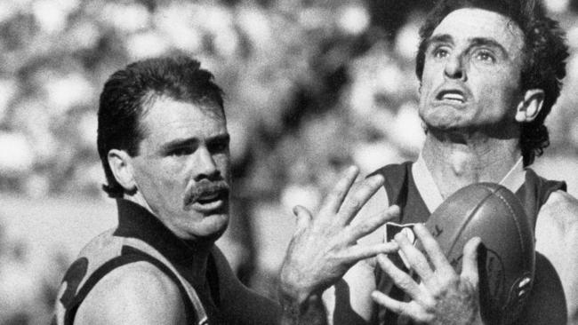 1985. Preliminary Final. Hawthorn v Footscray. VFL Park. Rodney Eade and Allen Daniels.