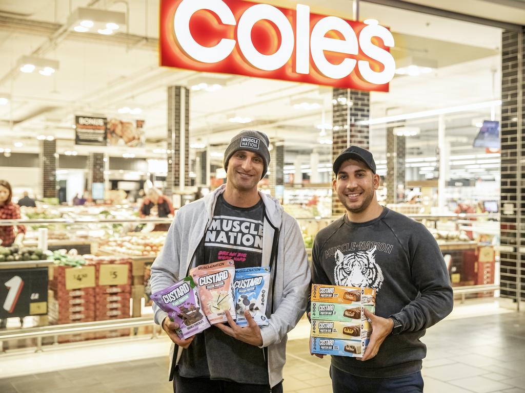Muscle Nation, co-owners Chris Anastasi, 37, and Nathaniel Anthony, 31, have landed a huge deal with Coles with the supermarket giant now selling their Custard filled Protein Bar. Picture: Supplied