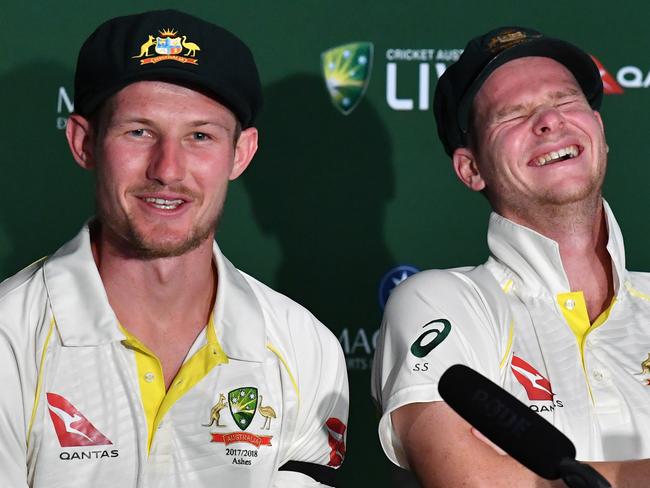 Australia's Cameron Bancroft, left, and Steve Smith. Picture: AAP.