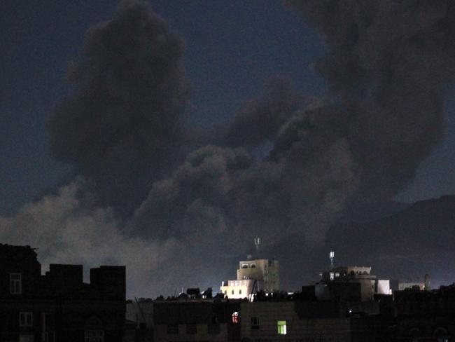 A plume of smoke billows during a US strike on Yemen's Houthi-held capital Sanaa early on March 16, 2025. The first US strikes against Yemen's Huthis since President Donald Trump took office in January killed at least 31 people. Picture: AFP