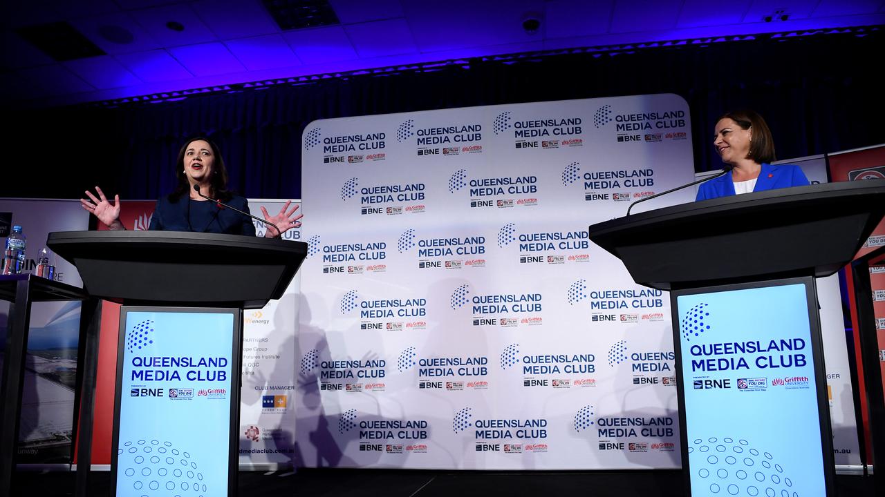 Queensland Premier Annastacia Palaszczuk (left) and opposition Leader Deb Frecklington engage in a leaders debate ahead of the state election on October 31, at the Brisbane Convention &amp; Exhibition Centre. Picture: NCA NewsWire / Dan Peled