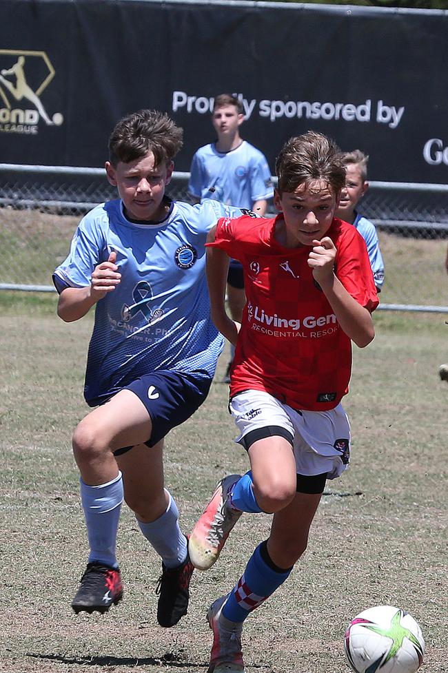 The Premier Invitational football tournament on the Gold Coast. Gold Coast Knights Red v Springfield United under-13s in action. Picture: Mike Batterham.