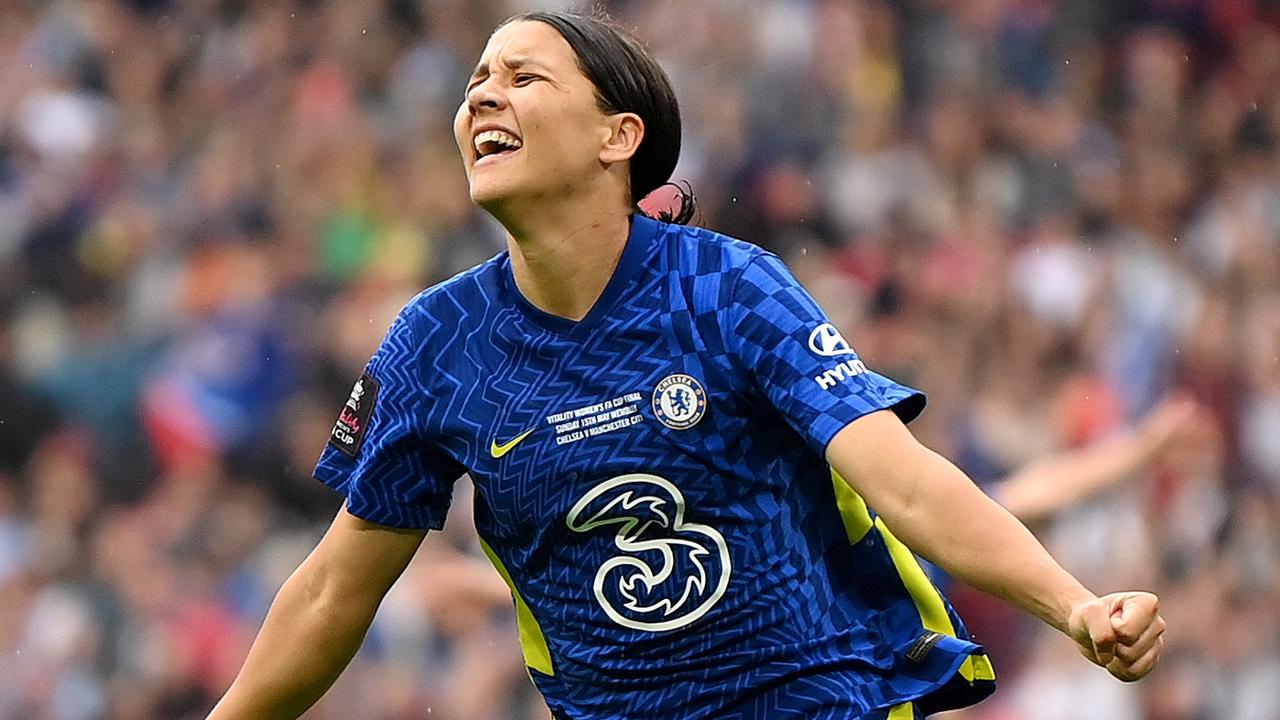 LONDON, ENGLAND - MAY 15: Sam Kerr of Chelsea celebrates after scoring their team's third goal during the Vitality Women's FA Cup Final match between Chelsea Women and Manchester City Women at Wembley Stadium on May 15, 2022 in London, England. (Photo by Michael Regan/Getty Images)