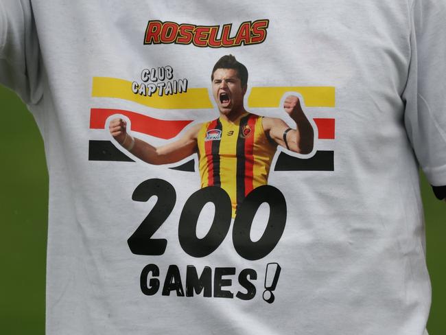 Cheltenham fans celebrate Jack Worrell's 200th game. Picture: Andrew Keech.