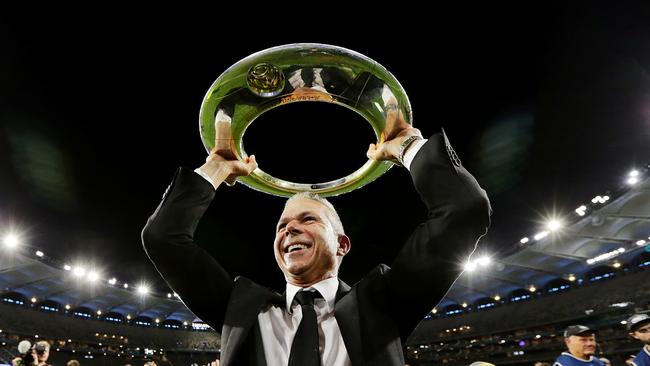 Steve Corica holds aloft the trophy after winning last year’s A-League Grand Final. Picture: Getty