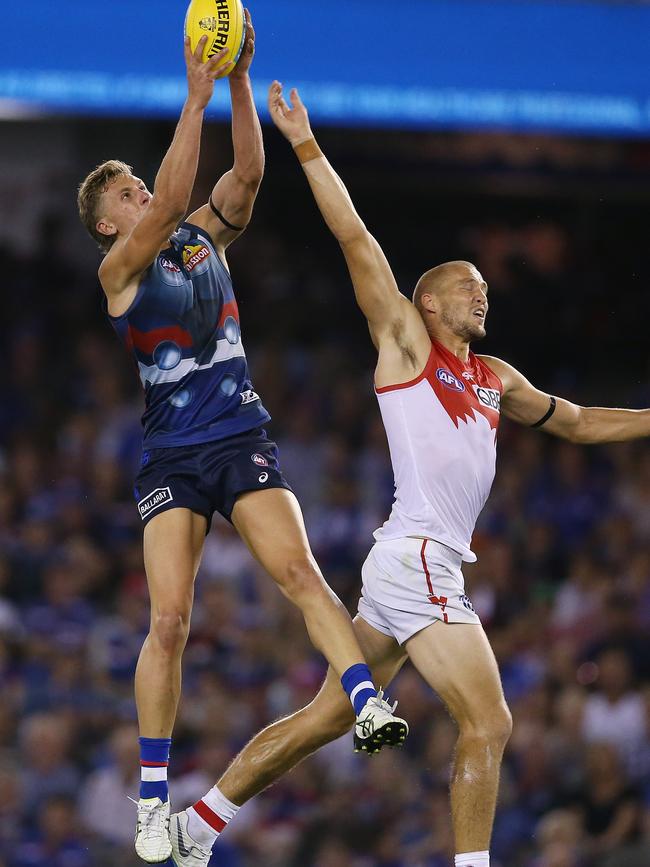 Aaron Naughton’s emergence as a forward has boosted the Bulldogs’ stocks. Picture: Michael Klein.