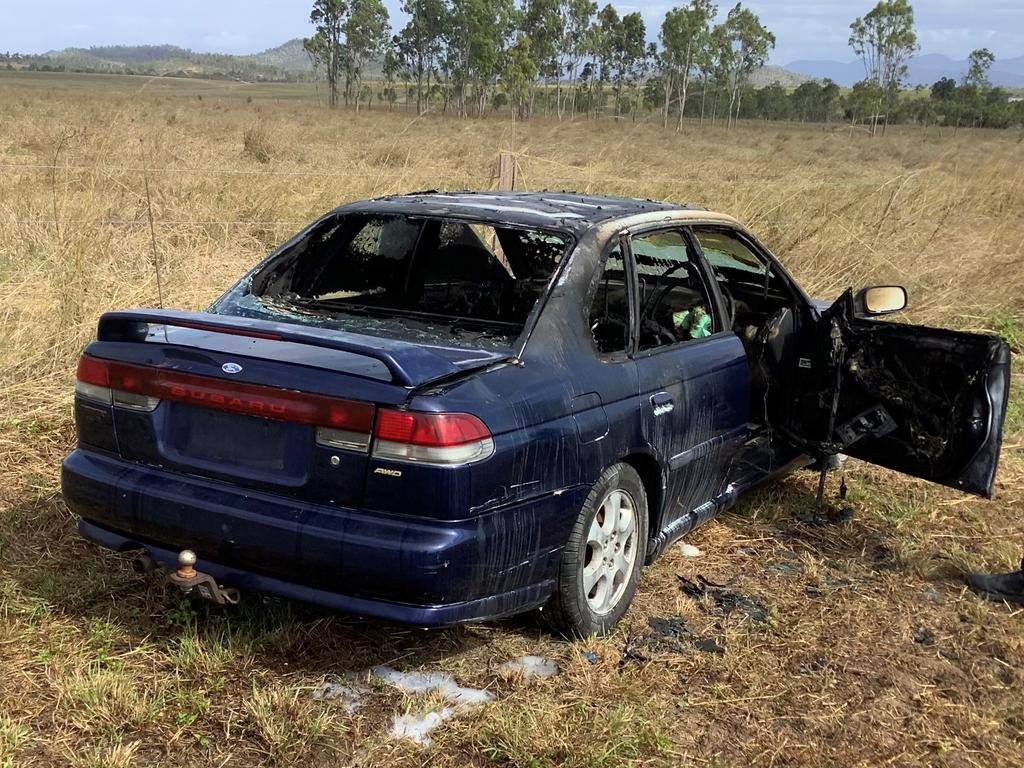 The Subaru Liberty was stolen from North Mackay in August and found ablaze on the Bruce Highway on September 9, 2021. Picture: Queensland Police Service