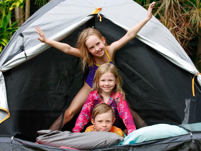 Top to Bottom  Looking Forward to BackYard Camping this Easter are Asha Thexton 7 , Kiera 6 and Ky Donovan 8 .Picture GLENN CAMPBELL