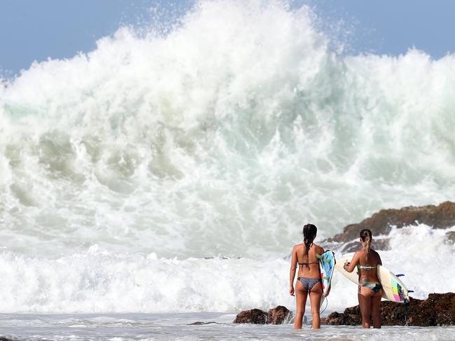 Gold Coast beaches are closed and the surf is pumpingPhoto at Snapper Rocks.Picture: Richard Gosling