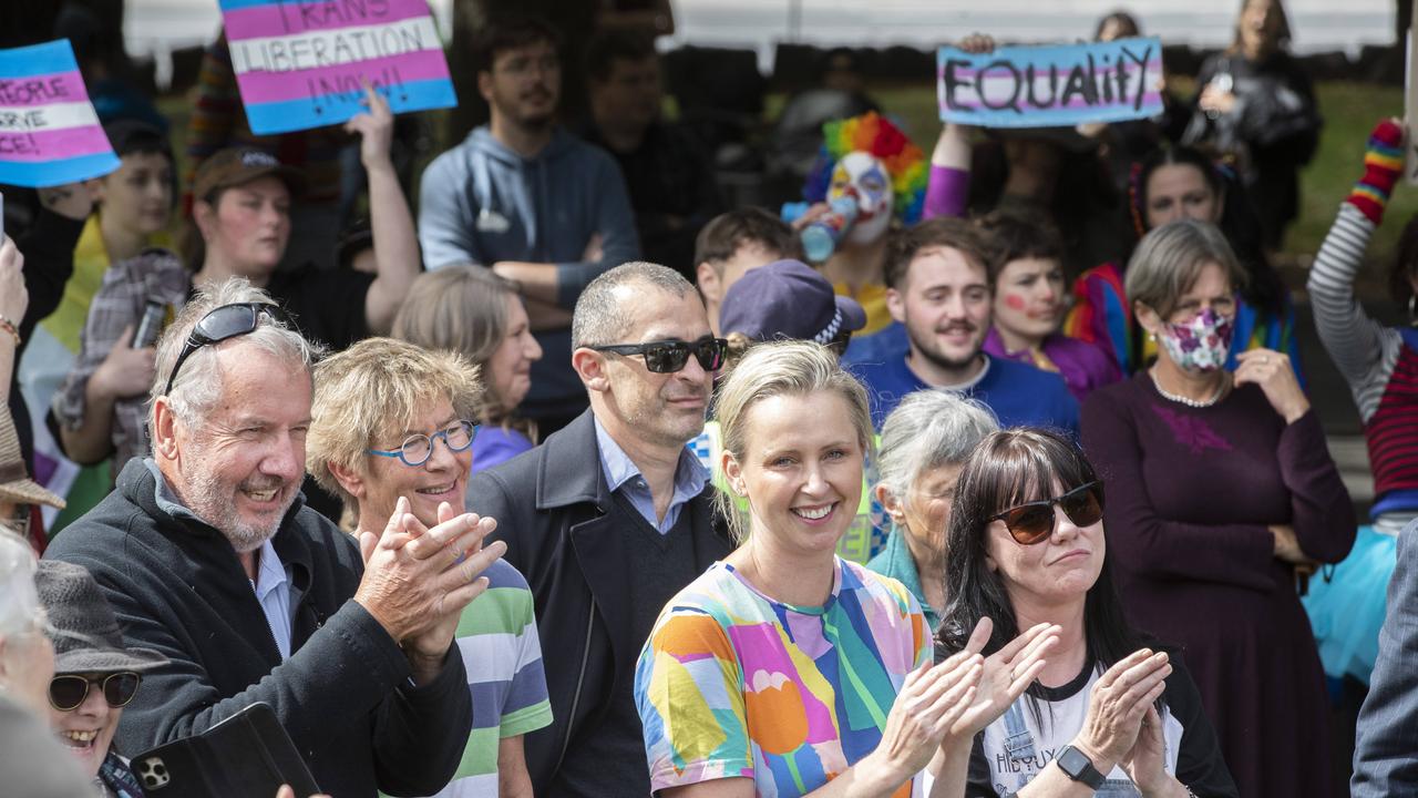 Hobart City councillor Louise Elliot outside the Tasmanian Parliament as Equality Tasmania and LGBTQI+ supporters counter protest the Let Women Speak rally. Picture: Chris Kidd