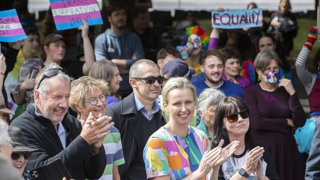 Hobart City councillor Louise Elliot outside the Tasmanian Parliament as Equality Tasmania and LGBTQI+ supporters counter protest the Let Women Speak rally. Picture: Chris Kidd