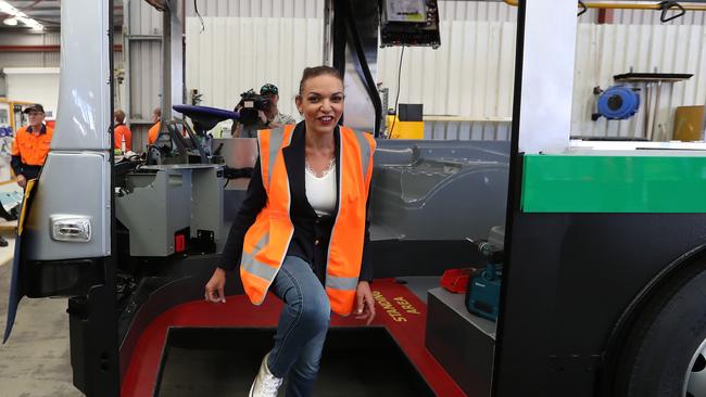 NEWS2019ELECTION 17/4/2019. Day 7 Labor Member for Cowan, Anne Aly on the bus after  Opposition Leader Bill Shorten talked to workers at Volgren Bus Australia, Bus Manufacturers at in Perth, WA. Picture Kym Smith