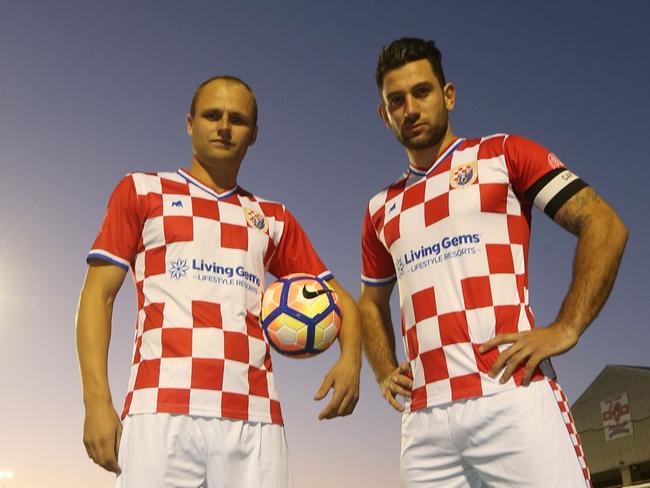 Gold Coast Knights strikers Andrew Barisic on right and Teddy Watson on left preparing for big Coast Premier League final on Saturday. Picture Mike Batterham