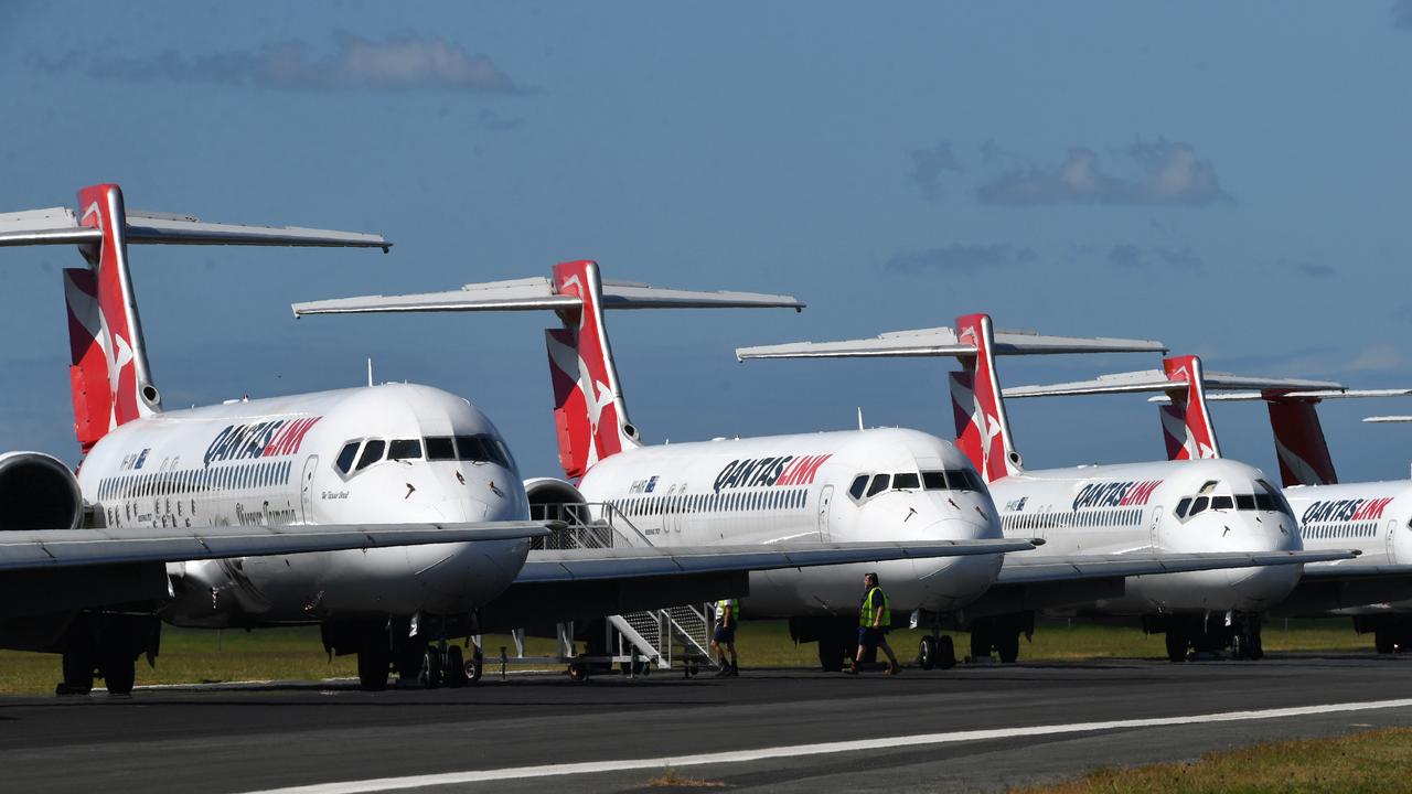 Grounded Qantas aircraft parked at Brisbane Airport. Picture: Darren England/AAP