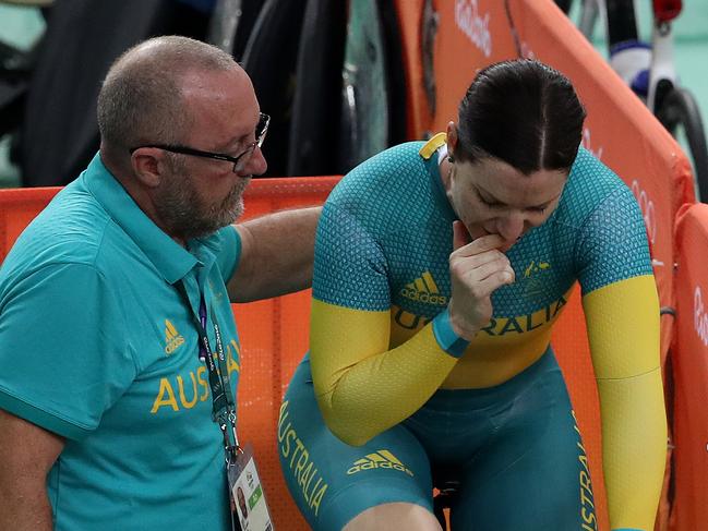 Anna Meares breaks down with coach Gary West after her Olympics came to an end after being beaten in the Women's Sprint at the Rio Olympics 2016 track cycling at the Rio Olympic Velodrome. Pics Adam Head