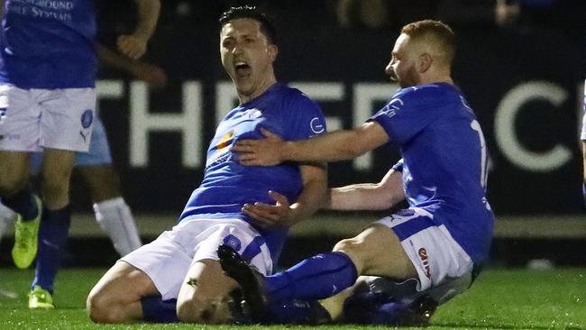 Liam Boland celebrates a goal against Sydney FC in the FFA Cup.