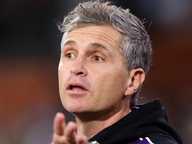 ADELAIDE, AUSTRALIA - APRIL 13: Justin Longmuir, Senior Coach of the Dockers during the 2024 AFL Round 05 match between the Port Adelaide Power and the Fremantle Dockers at Adelaide Oval on April 13, 2024 in Adelaide, Australia. (Photo by Sarah Reed/AFL Photos via Getty Images)