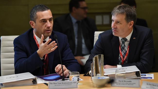 South Australian Treasurer Tom Koutsantonis (left) speaks during a meeting of Australian state and territory treasurers in Sydney last week (Image: AAP/David Moir)