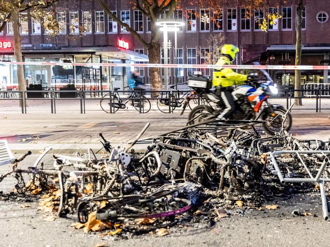 Burned bikes after chaos broke out after a protest in Rotterdam against coronavirus restrictions and government plans to restrict access for unvaccinated people. Picture: AFP